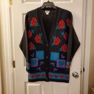 Vtg Cuddle Knit Cardigan Sweater Tunic sz L Colorful 90s 80s Hearts Rose Grandma